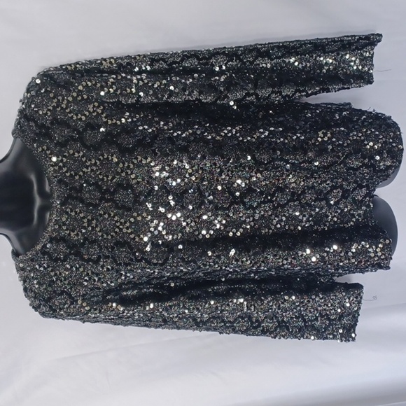 Vintage Black and Silver Sequin Crew Neck Long Sleeve Top, sz M - Picture 1 of 10